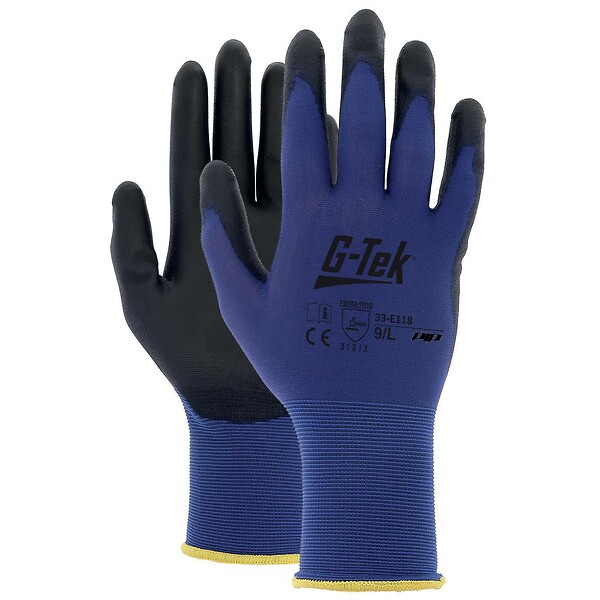 gants 33-E118 g-tek  Gant tricoté nylon bleu, jauge 18, enduction polyuréthane noir